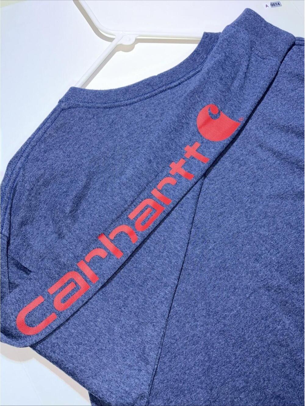 Carhartt Long Sleeve Shirt Mens Large Blue Original Fit With RED Spellout Sleeve